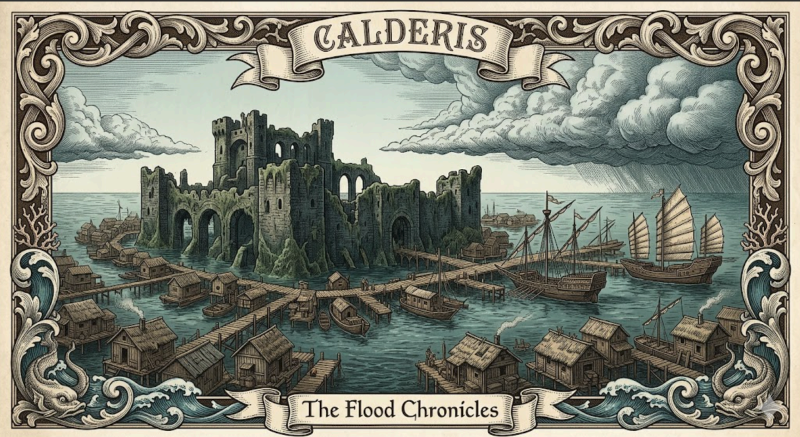 Calderis — The Flood Chronicles: a drowned coast of flooded ruins, stilt-houses and ships